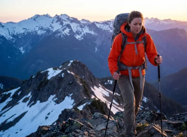 high-visibility-colors-rescue-safety-mountain-hiker Hiker in high visibility orange jacket on mountain ridge at sunrise demonstrating rescue safety color contrast