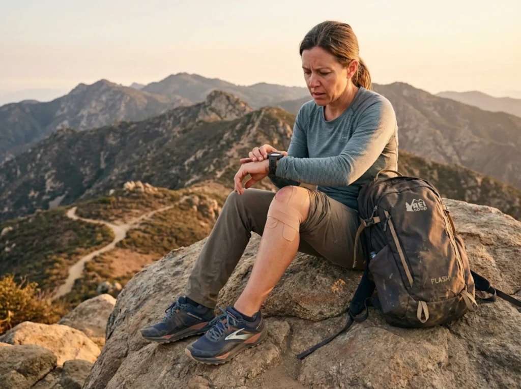Hiker checking heart rate and examining taped knee to assess if zero day rest is needed