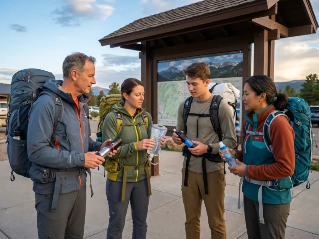 Hiking group at trailhead comparing different water filter types including gravity, pump, and squeeze systems