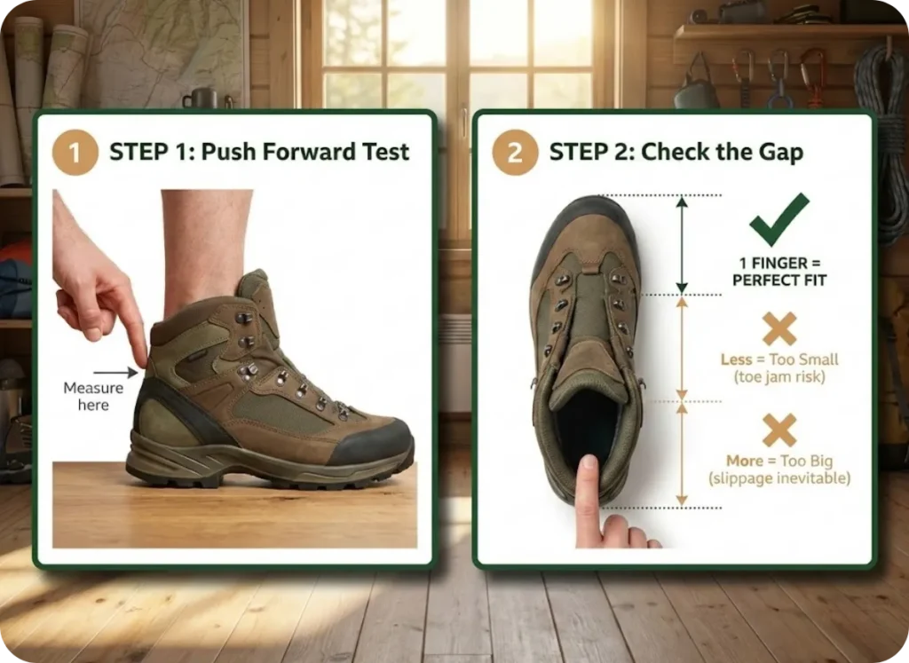 Two-panel instructional photo showing the hiking boot finger test for proper fit: foot pushed forward with finger measuring heel gap, and overhead view demonstrating the ideal one-finger width spacing.