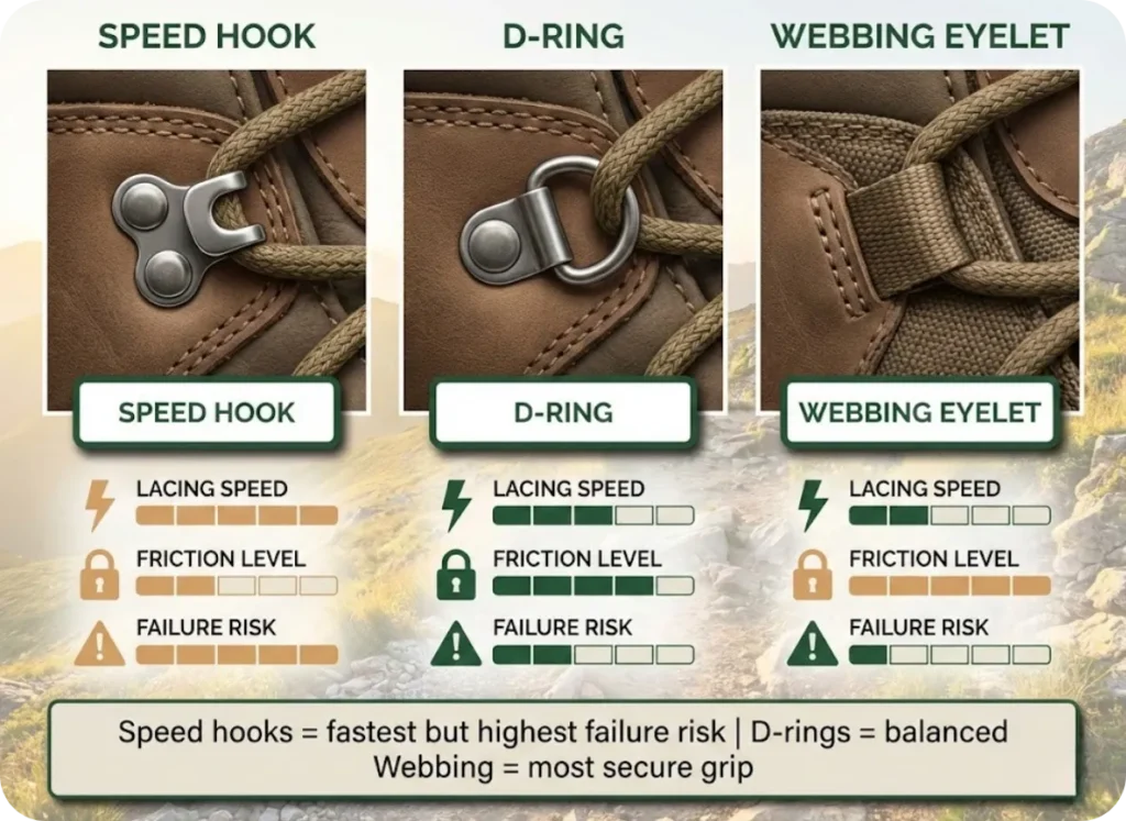 Side-by-side comparison infographic of three hiking boot lacing hardware types — Speed Hook, D-Ring, and Webbing Eyelet — with performance ratings for lacing speed, friction level, and failure risk.