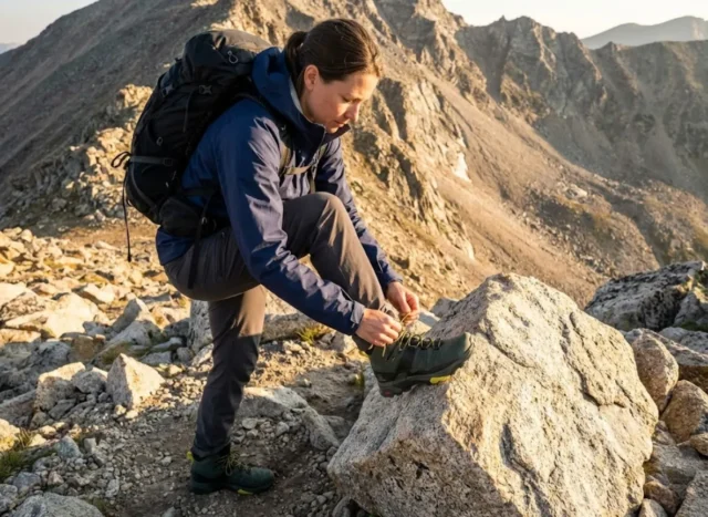 hiking-boot-lacing-downhill-heel-slippage Hiker adjusting hiking boot laces on steep mountain descent to prevent heel slippage