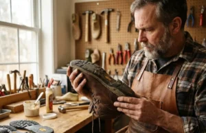 Hiking Boot Resoling Cost Guide: $75-$200 Breakdown Cobbler inspecting worn Asolo hiking boot sole to assess resoling cost and midsole condition
