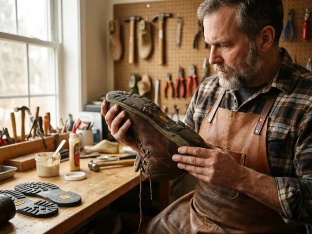hiking-boot-resoling-cost-cobbler-inspection Cobbler inspecting worn Asolo hiking boot sole to assess resoling cost and midsole condition