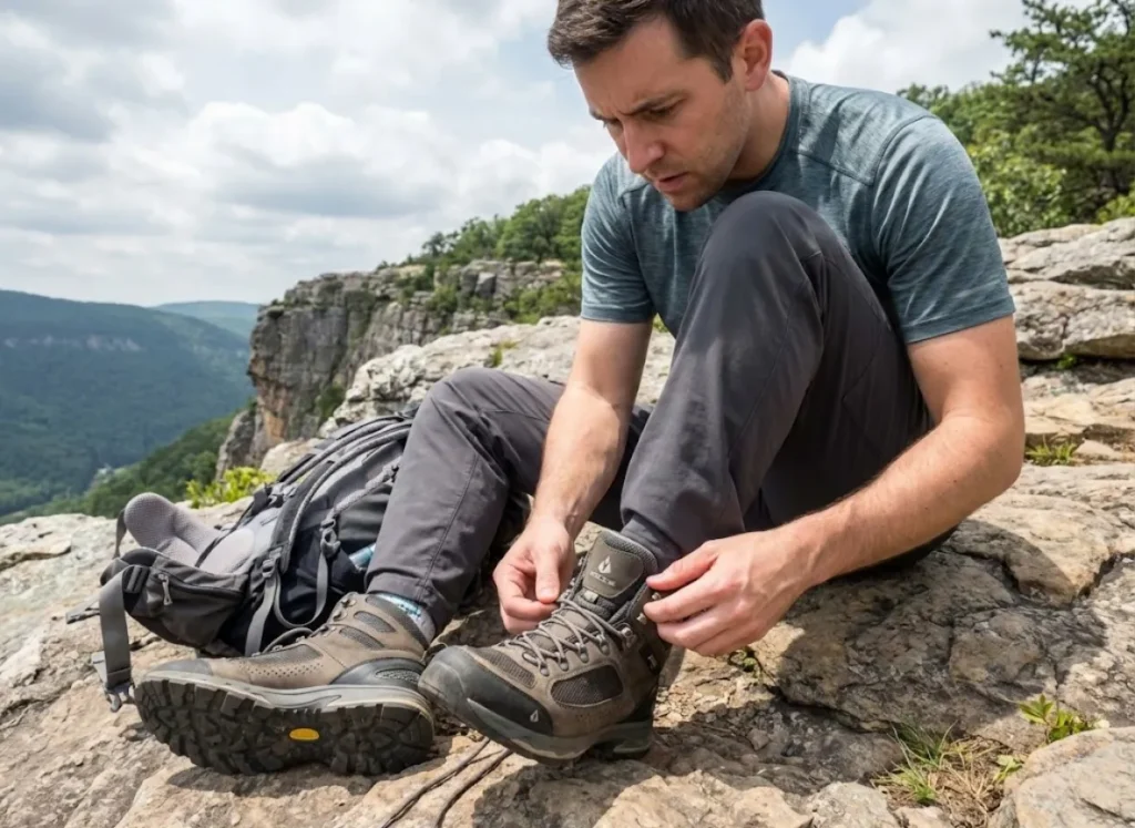Hiker inspecting speed hook hardware on hiking boot after heel slippage issue on trail