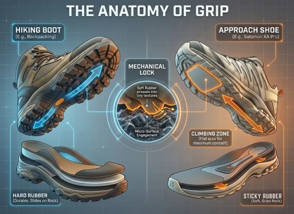 A technical diagram titled 'THE ANATOMY OF GRIP' comparing the outsole tread and structure of a hiking boot and an approach shoe. The left side shows a hiking boot with hard rubber lugs, labeled 'HIKING BOOT (e.g., Backpacking)' and 'HARD RUBBER (Durable, Slides on Rock)'. The right side shows an approach shoe with a flat toe, labeled 'APPROACH SHOE (e.g., Salomon XA Pro)', 'STICKY RUBBER (Soft, Grips Rock)', and 'CLIMBING ZONE' under the toe. A central inset illustrates a 'MECHANICAL LOCK' with soft rubber conforming to rock texture.
