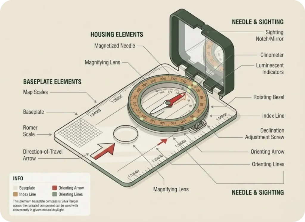 Detailed compass anatomy diagram with labeled parts including baseplate, rotating bezel, clinometer, sighting notch, Romer scale, declination adjustment screw, orienting arrow, direction-of-travel arrow, and index line.