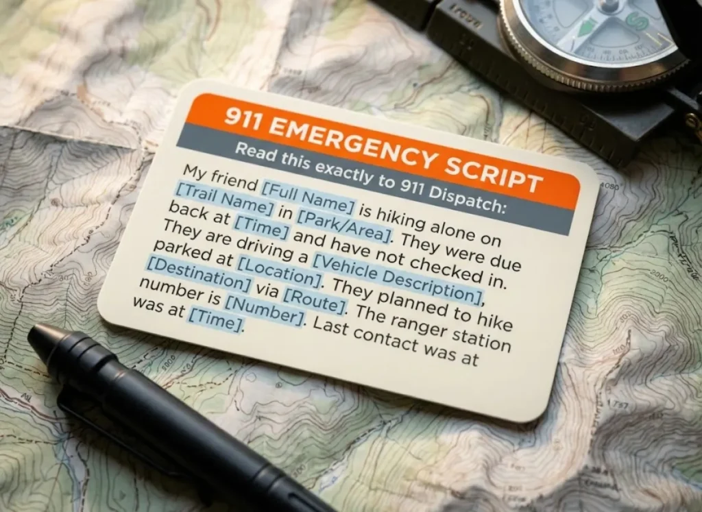 A photorealistic, high-resolution illustration of a waterproof emergency script card lying on a topographic map, featuring a fill-in-the-blank 911 script for hikers to give to their emergency contacts.