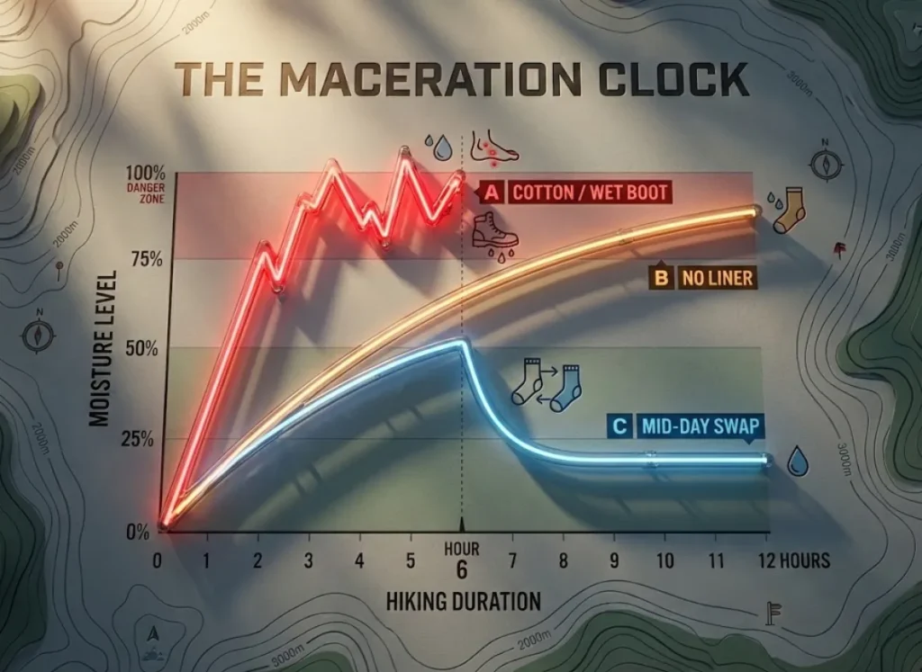 A sophisticated 3D line graph infographic titled "The Maceration Clock" set against a topographic map background. It visualizes foot moisture levels over time for three scenarios: cotton socks (spiking high), waterproof socks without liners (rising gradually), and waterproof socks with a mid-day swap (dropping to safe levels).