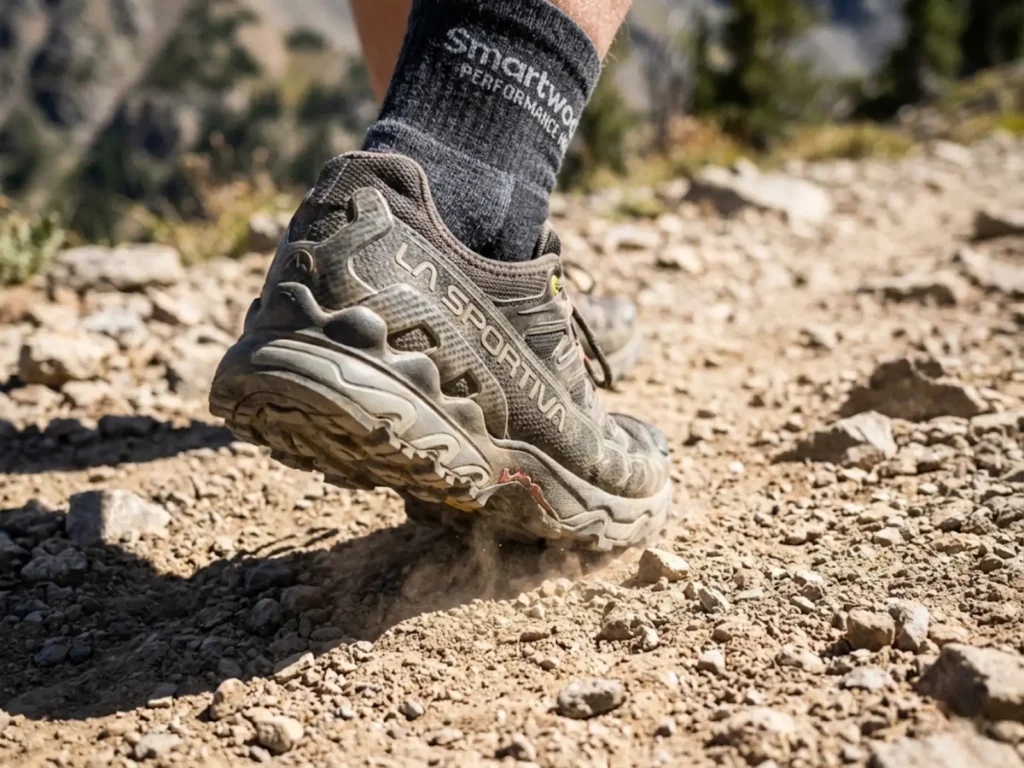 Hiker foot striking trail showing friction forces that cause hiking blisters