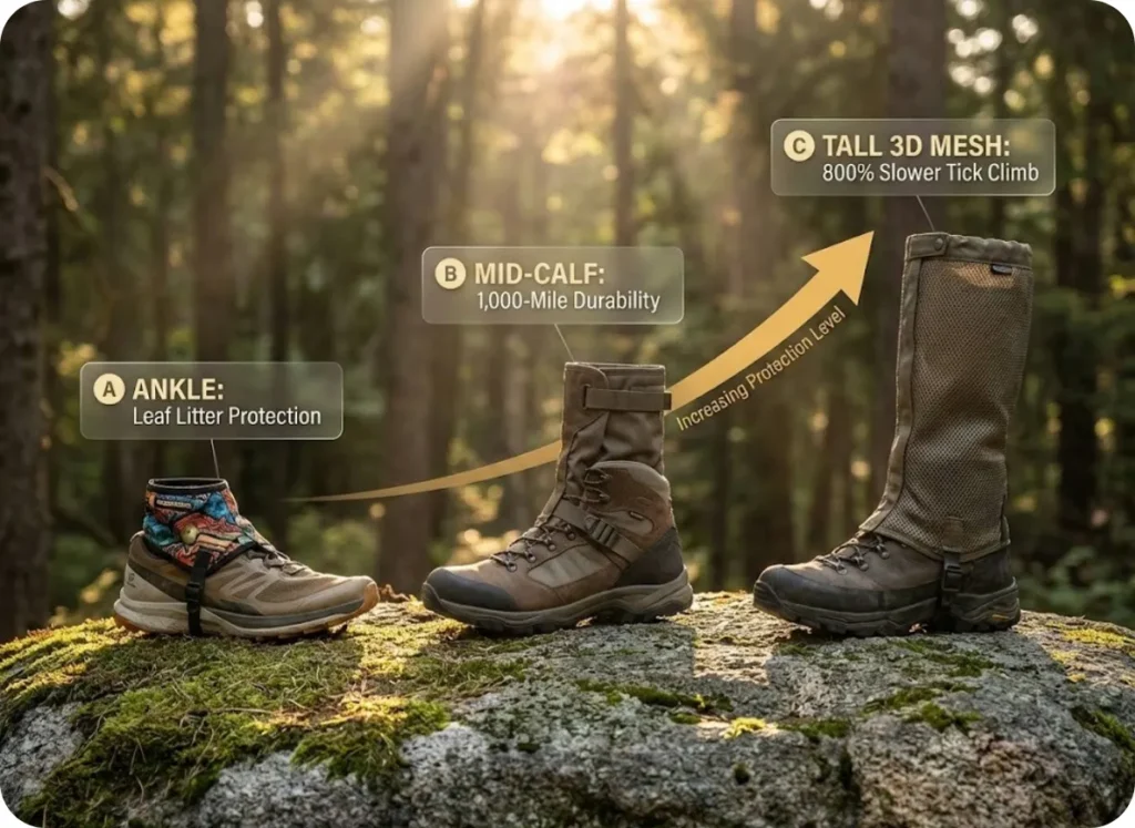 Comparison of ankle, mid-calf, and tall 3D mesh hiking gaiters showing protection levels against ticks, with labels explaining specific benefits like mesh density.