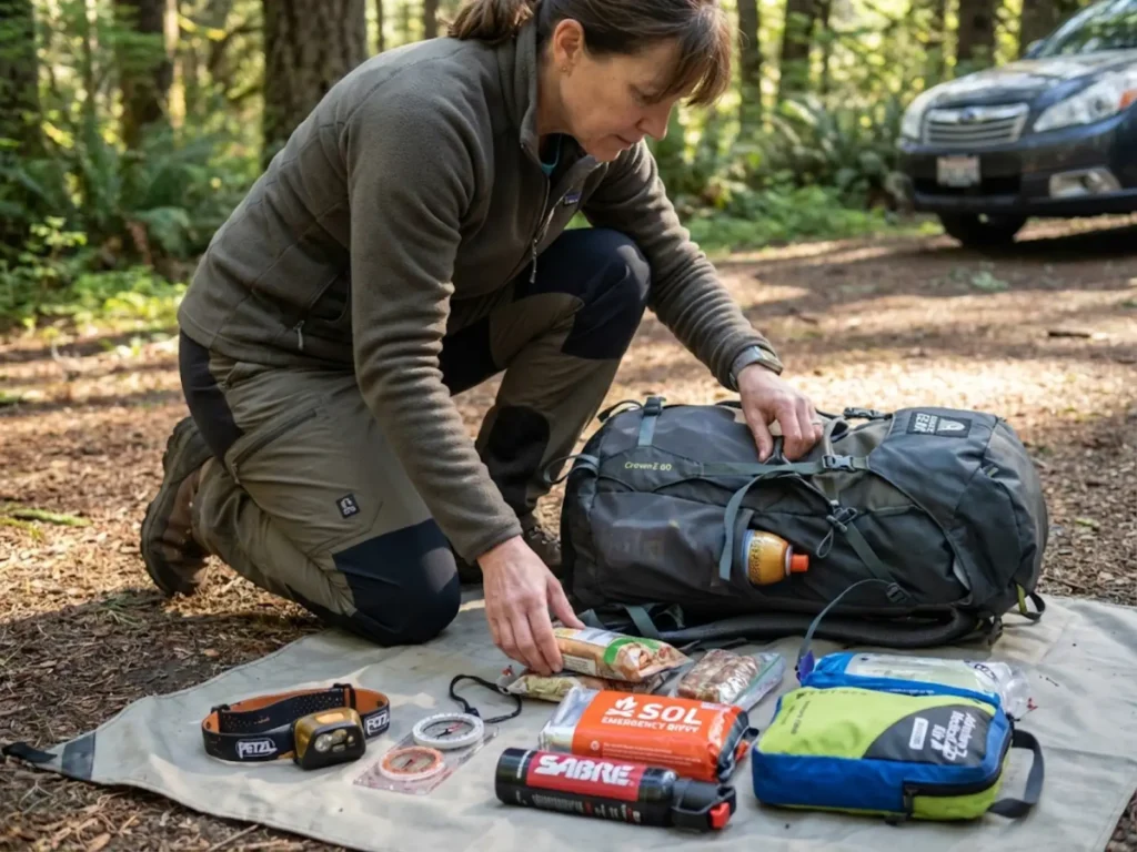 Experienced woman hiker performing Ten Essentials gear check at forested trailhead