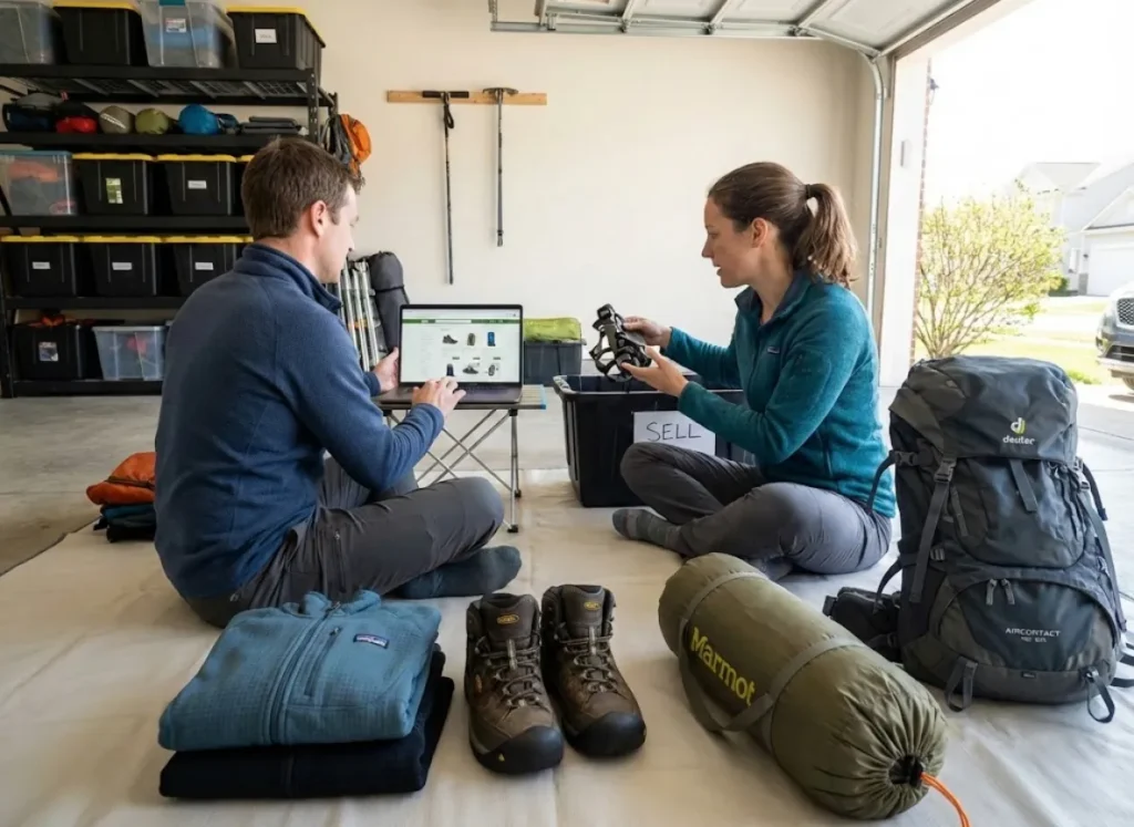 Hikers organizing outdoor gear collection at home to evaluate resale value and trade-in options