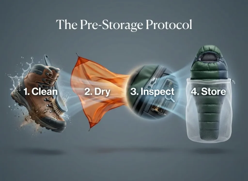 A stylized 3D infographic titled "The Pre-Storage Protocol" illustrating four steps for hiking gear care: a boot being cleaned, a tent drying in the breeze, a backpack zipper being inspected, and a sleeping bag stored loosely in a mesh sack.