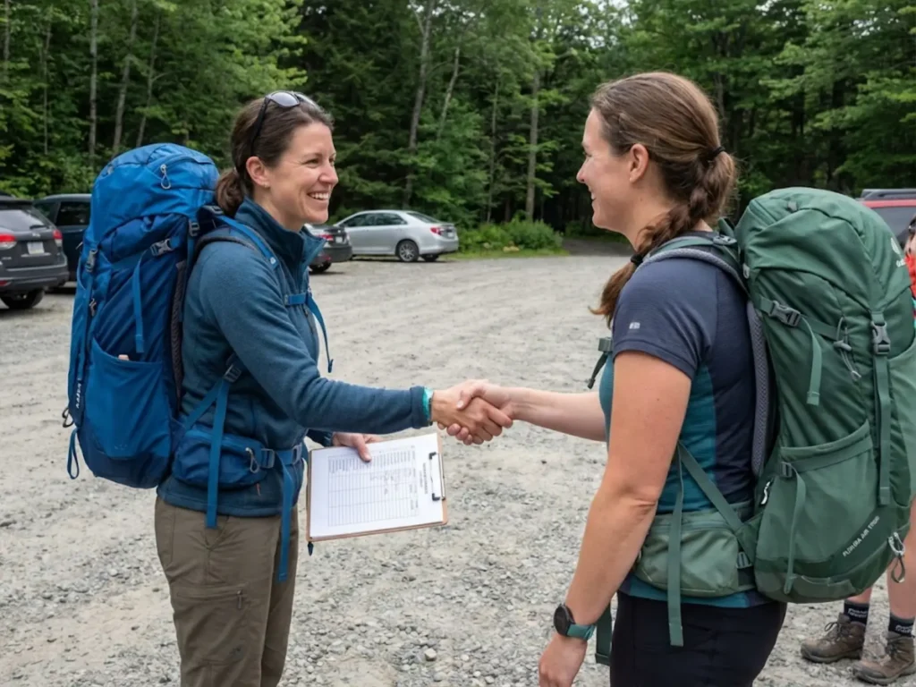 Women hikers meeting at trailhead with trip organizer conducting member check-in