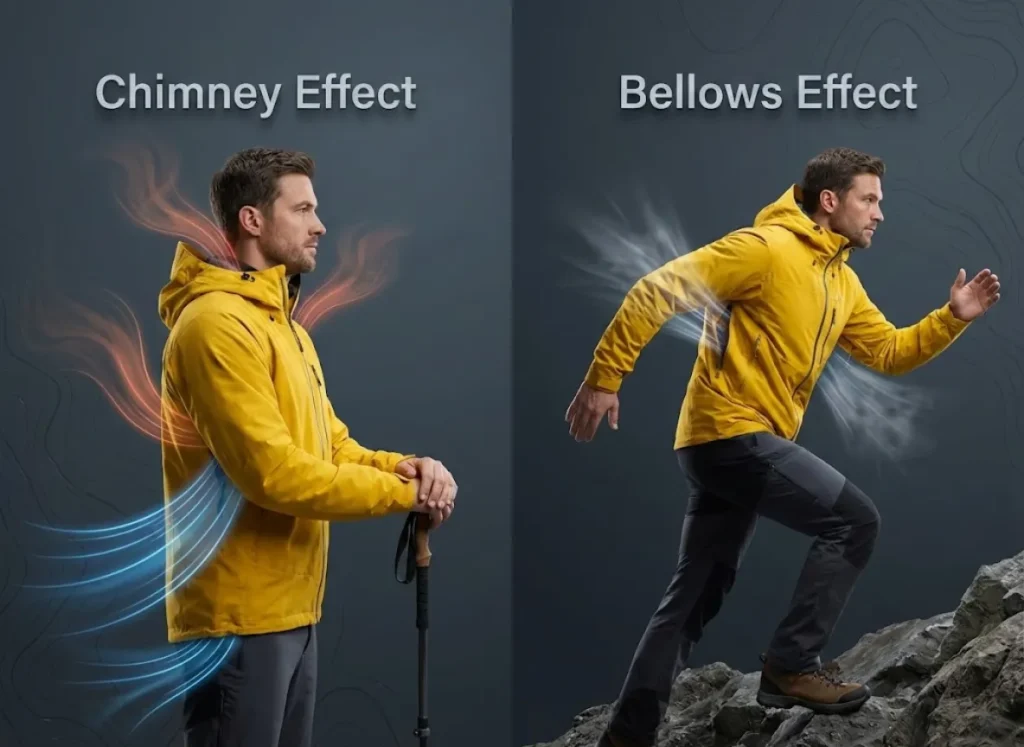 A split-panel high-definition infographic comparing two hiking jacket airflow mechanisms. The left side illustrates the "Chimney Effect" with rising heat lines, while the right side illustrates the "Bellows Effect" with dynamic movement pumping air out.