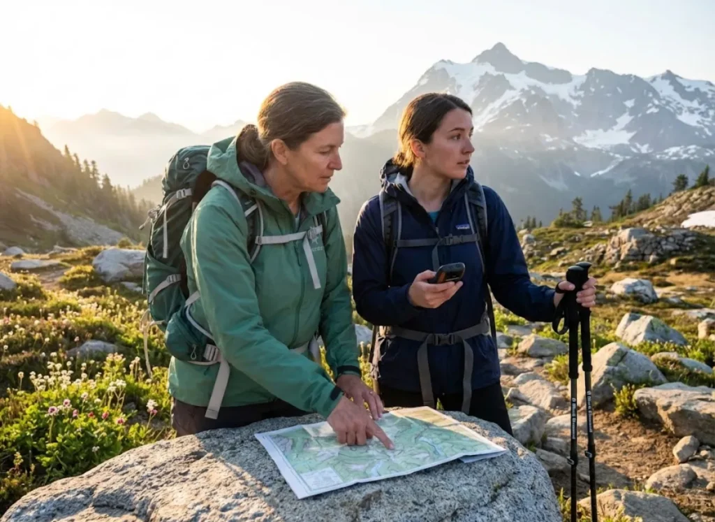 Hiking mentor teaching trail navigation to mentee at alpine junction with mountain peaks