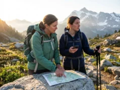 Want Hiking Mentorship? Here’s How Club Programs Actually Work Hiking mentor teaching trail navigation to mentee at alpine junction with mountain peaks