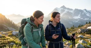 Want Hiking Mentorship? Here’s How Club Programs Actually Work Hiking mentor teaching trail navigation to mentee at alpine junction with mountain peaks