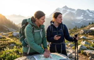 Want Hiking Mentorship? Here’s How Club Programs Actually Work Hiking mentor teaching trail navigation to mentee at alpine junction with mountain peaks