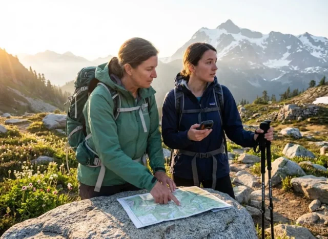 hiking-mentorship-navigation-training-alpine-trail Hiking mentor teaching trail navigation to mentee at alpine junction with mountain peaks