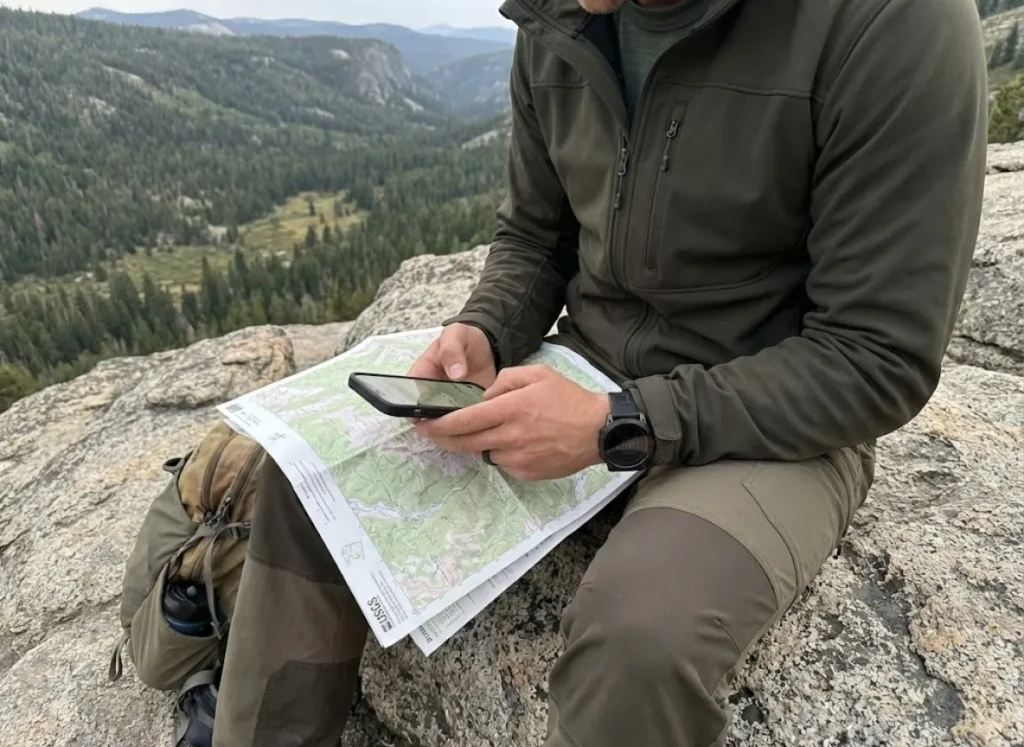 Hiker comparing Gaia GPS navigation app with paper topographic map at mountain overlook