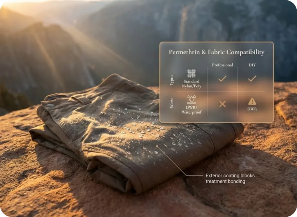 A cinematic infographic showing hiking pants on a rock; a fabric compatibility matrix overlays the image, explaining that DWR-coated pants resist professional Insect Shield treatment and require DIY permethrin spray applied to the interior fabric only.