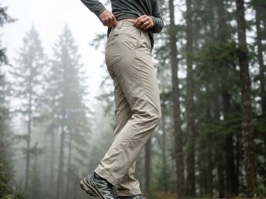 Hiker examining hiking pants fabric quality at misty forest trailhead