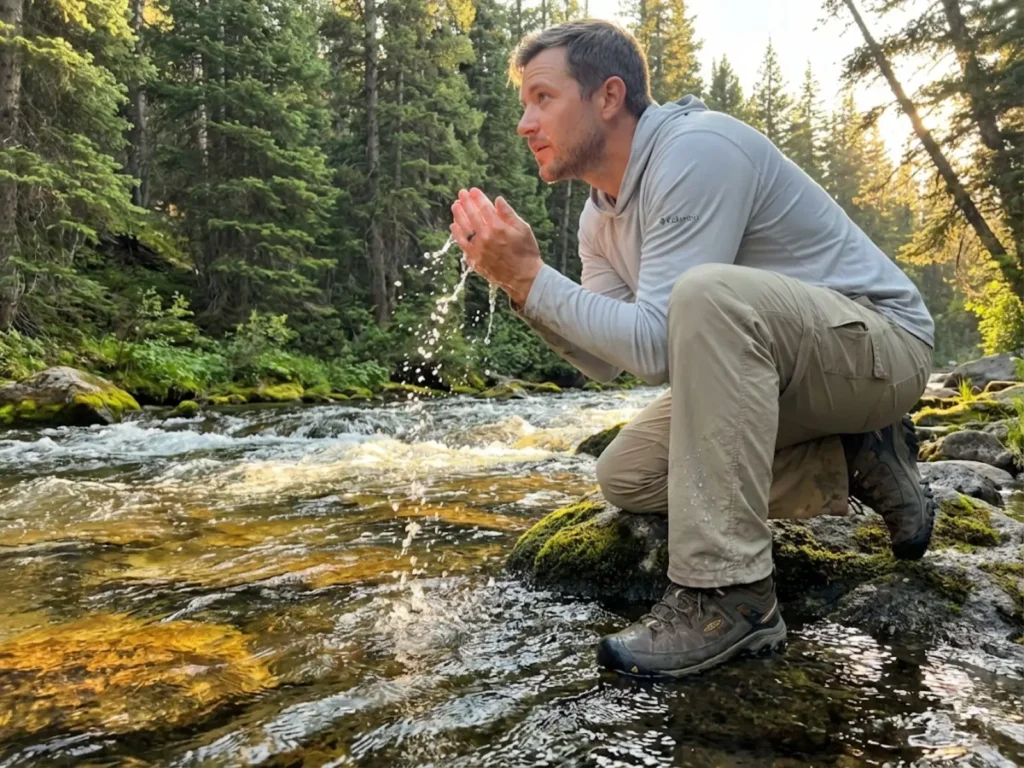 Hiker kneeling at mountain stream in quick-dry hiking pants splashing water on face