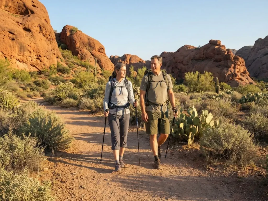 Two hikers comparing shorts and roll-up pants on desert trail in morning light