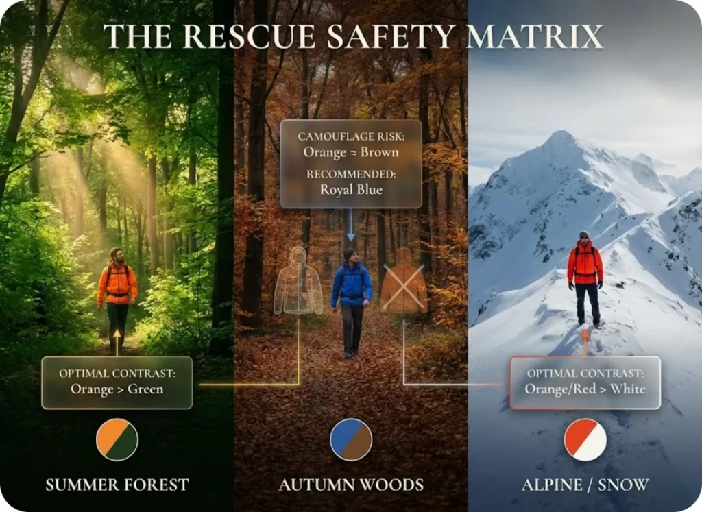 Rescue Safety Matrix infographic showing optimal hiking clothing colors: Blaze Orange for Summer Green and Snow, and Royal Blue for Autumn Brown foliage.