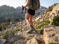 Hiking Shoe Toe Protection: End the Toenail Tax Hiker descending rocky alpine trail in Altra Lone Peak shoes with reinforced toe protection