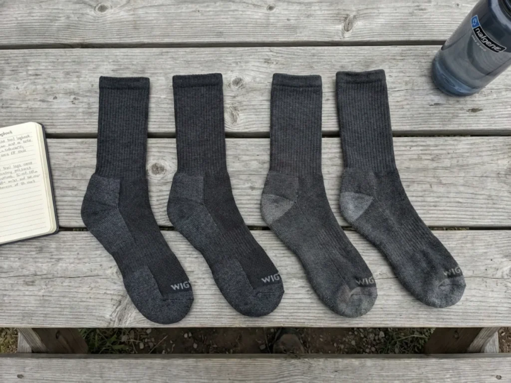 Hiking sock wear comparison showing material degradation after 500 miles of trail use