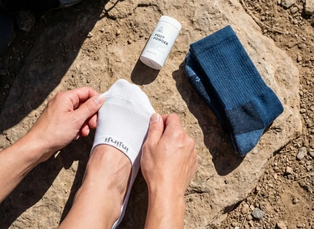 Hiker's hands preparing to put on a fresh white liner sock, with a waterproof sock and foot powder placed neatly nearby on a rock.
