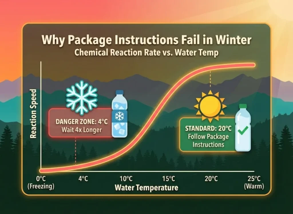 A data visualization set against a mountain sunset showing the Arrhenius Kinetics Curve for water treatment. It illustrates how reaction rates drop significantly in cold water compared to standard lab conditions, featuring icons of snowflakes and water bottles.
