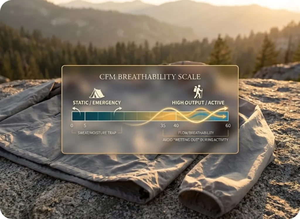 A cinematic infographic showing a CFM breathability spectrum bar for hiking wind shells. The scale ranges from 0-5 CFM (labeled Static/Emergency in teal) to 35+ CFM (labeled Active/High Output in gold), overlaid on a close-up of a wind jacket on a granite rock background.