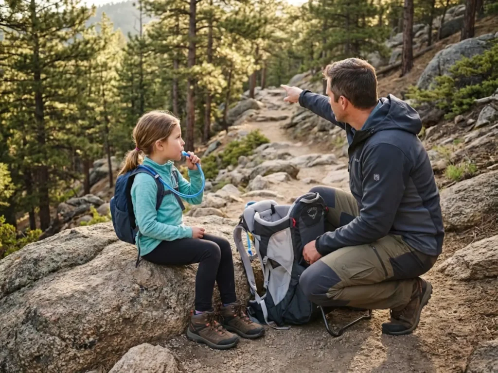 Father and young daughter taking hydration break on mountain trail with Osprey carrier nearby