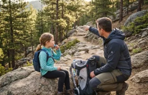 How Far Can Kids Actually Hike Based on Age and Terrain Father and young daughter taking hydration break on mountain trail with Osprey carrier nearby