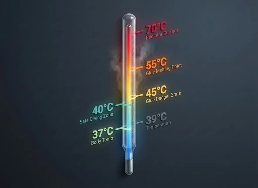 An infographic titled The Thermometer of Destruction showing a vertical thermometer with critical temperature thresholds for hiking boot care: 37°C Body Temp, 40°C Safe Drying Zone, 45°C Glue Danger Zone, 55°C Glue Melting Point, and 70°C Radiator Surface.