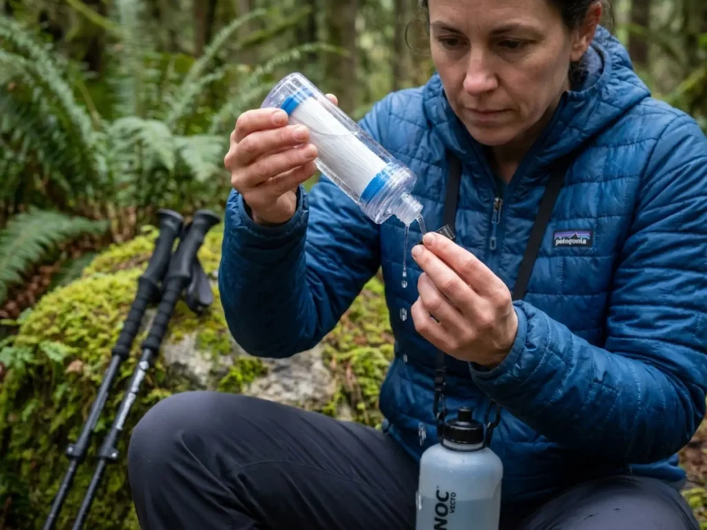 Hiker examining Sawyer Squeeze hollow fiber filter membrane during trail water filtering session