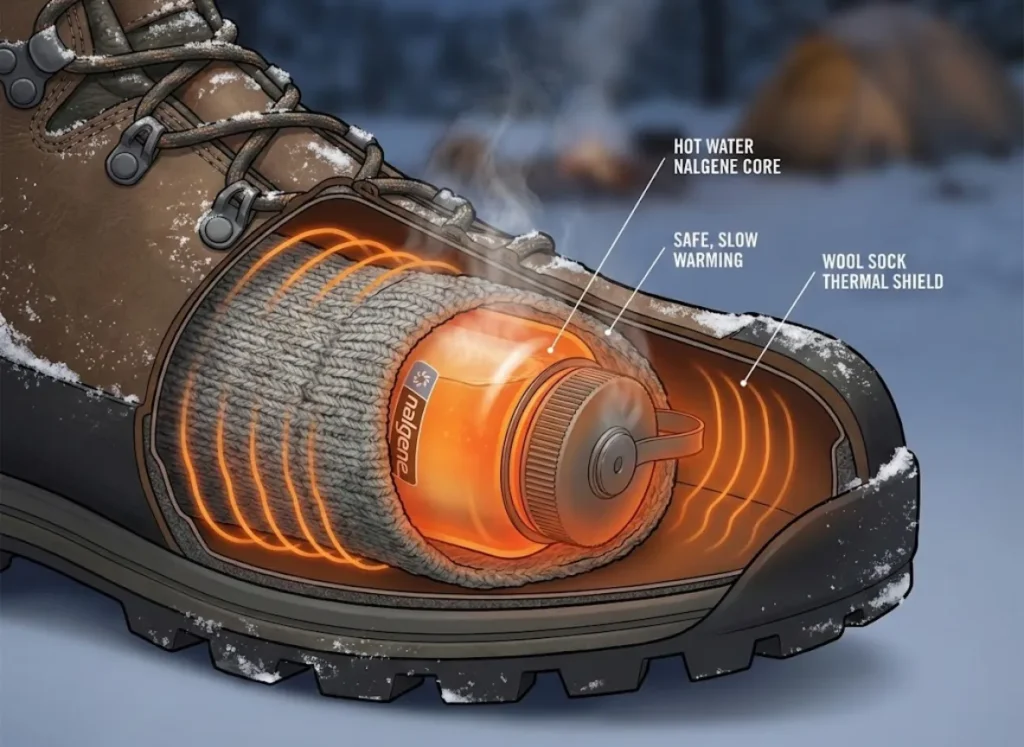 A technical cutaway illustration showing a Nalgene bottle filled with hot water wrapped inside a thick wool sock, placed within the toe box of a hiking boot to safely warm it.