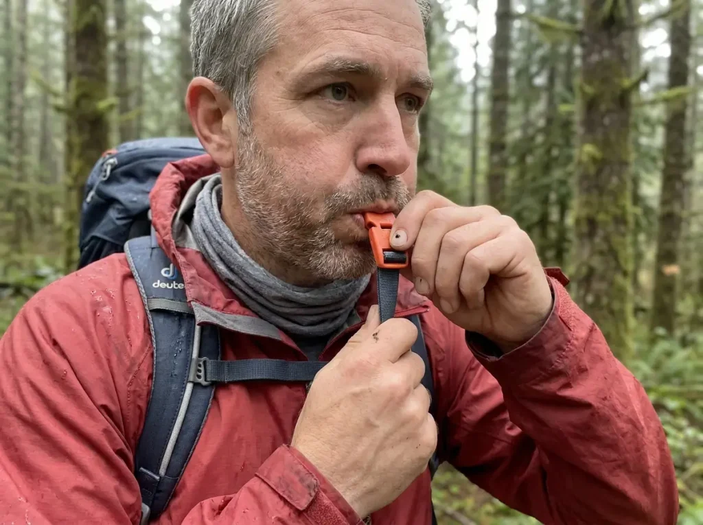 Hiker loosening a sternum strap to lift the buckle whistle to their mouth to blow an emergency signal