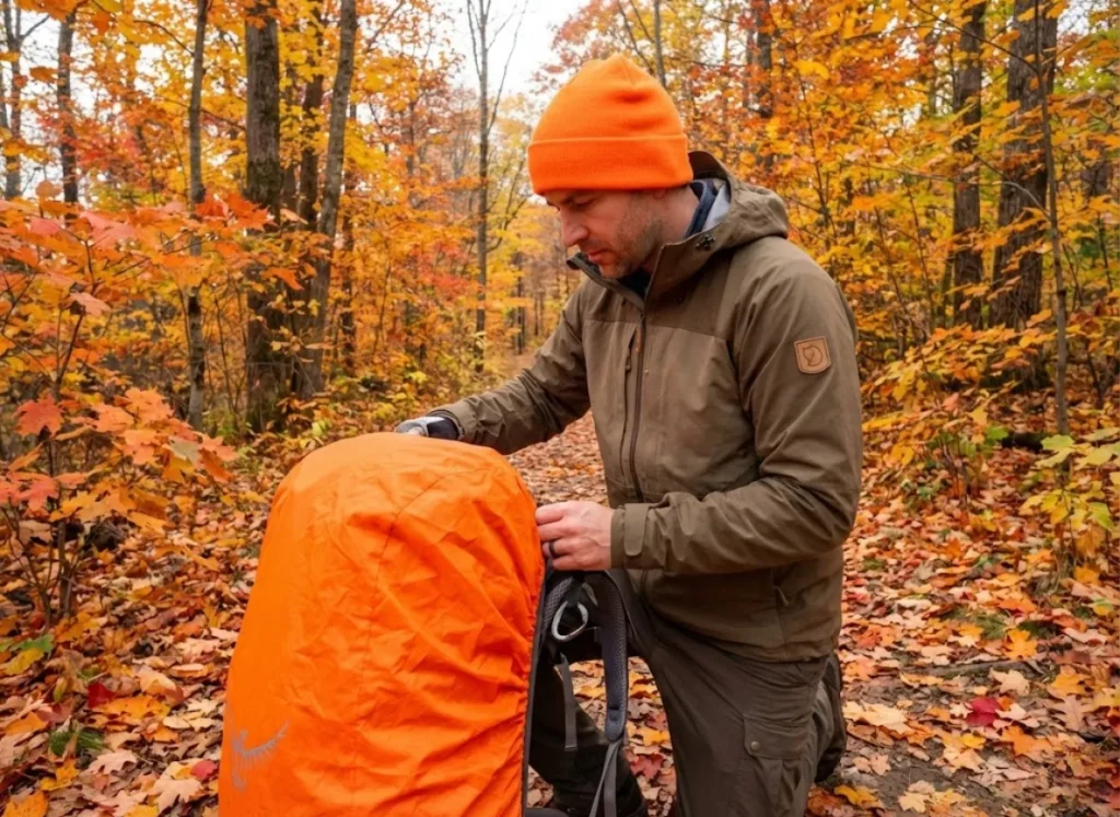 Hiker adding blaze orange pack cover during hunting season on autumn forest trail with fall foliage