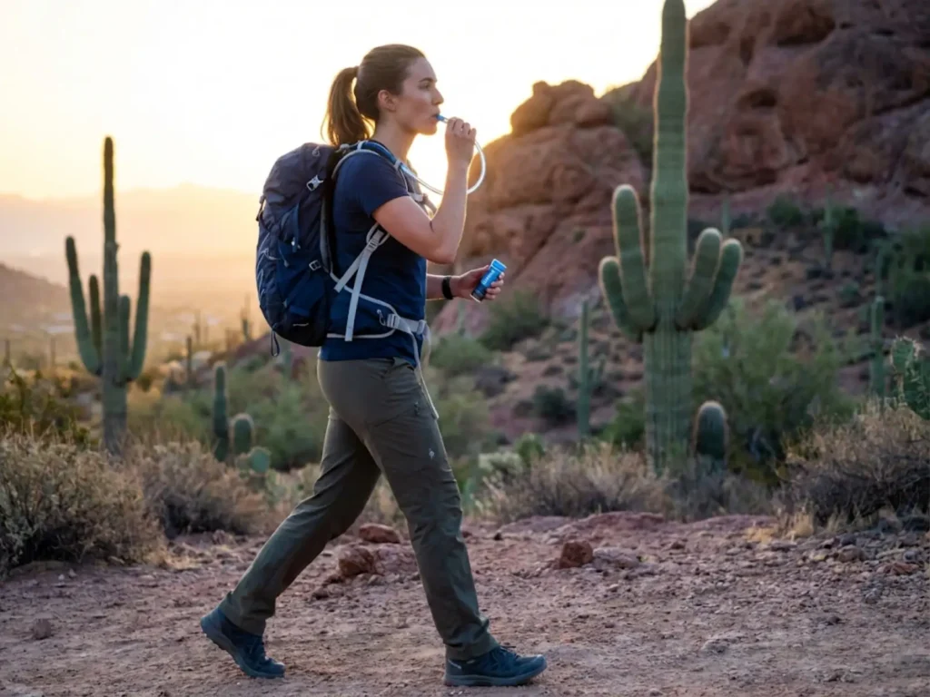 Hiker demonstrating proper hydration and electrolyte management during early morning desert trail hike