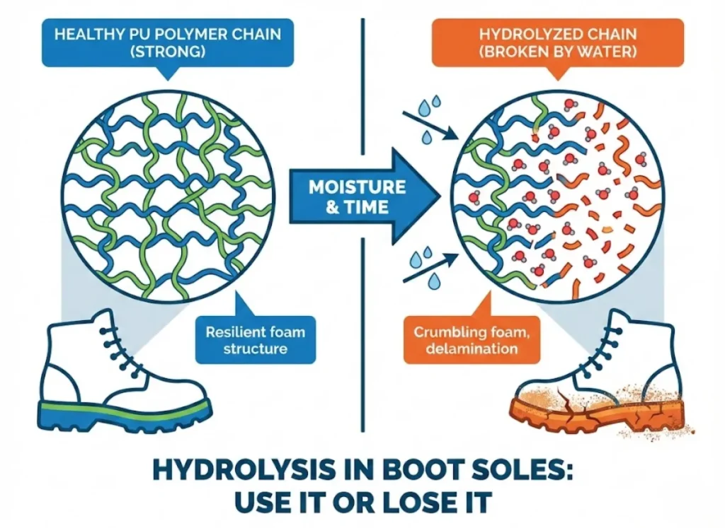 An educational infographic diagram illustrating the process of hydrolysis in boot soles, comparing a "Healthy PU Polymer Chain" with strong connections to a "Hydrolyzed Chain" broken by water molecules, leading to crumbling foam.