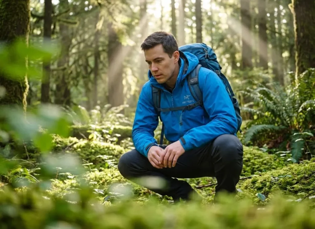A professional hiker in a blue Arc'teryx jacket kneeling on a mossy trail, closely inspecting animal tracks with a focused expression, bathed in dappled forest sunlight.