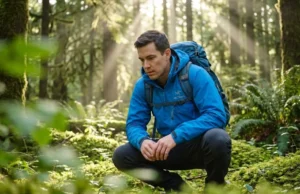 Identify Animal Scat to Know What Is on the Trail A professional hiker in a blue Arc'teryx jacket kneeling on a mossy trail, closely inspecting animal tracks with a focused expression, bathed in dappled forest sunlight.
