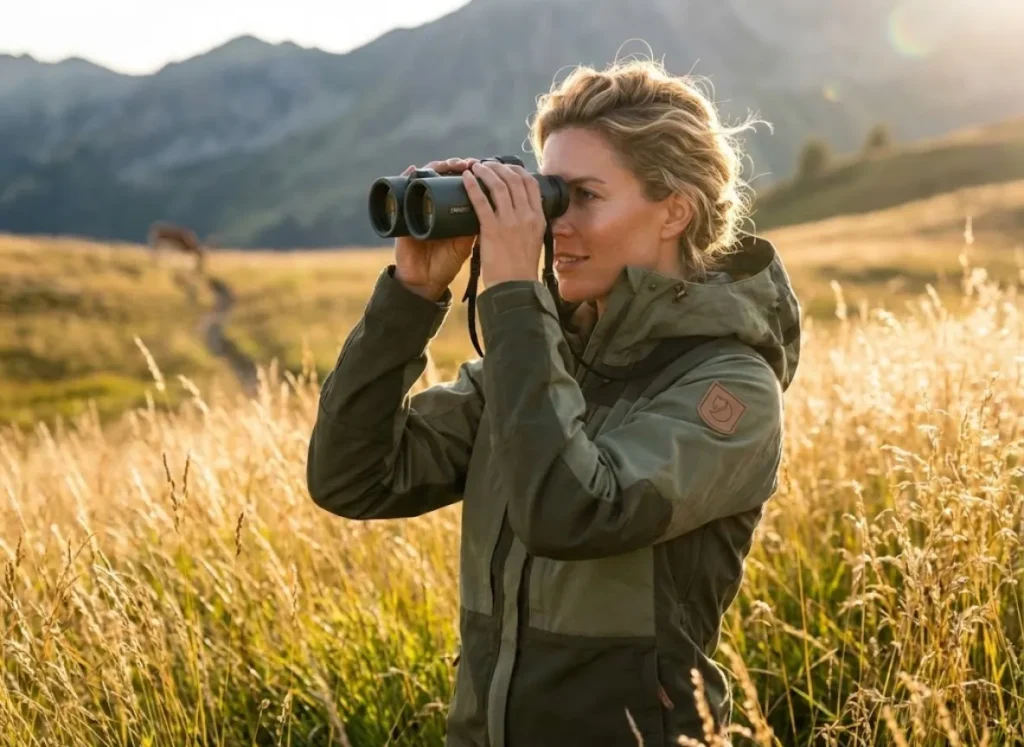 A female hiker in a Fjällräven jacket standing in tall grass, using Swarovski binoculars to scan the horizon for wildlife.