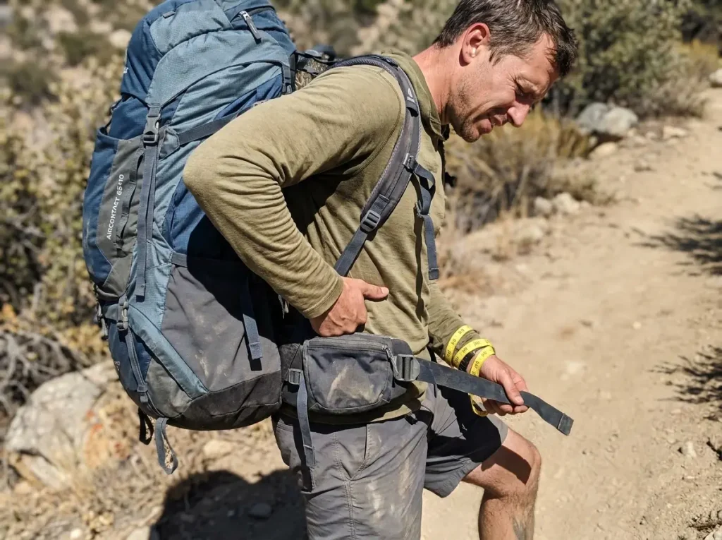Hiker using the knuckle test to find the iliac crest for correct backpack hip belt positioning