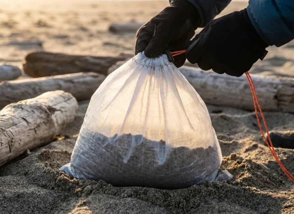 Close-up of a Hyperlite Mountain Gear stuff sack filled with sand being used as an improvised deadman anchor, backlit by warm sunlight.